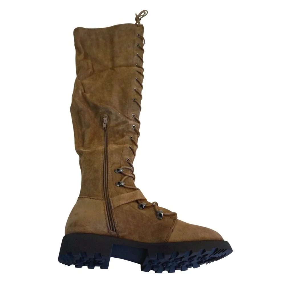 JustFab Phyllida Flat‎ Boots Women 7 Brown Over The Knee Lace Up Lug Sole Punk